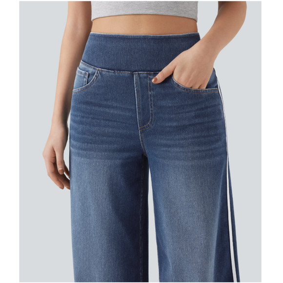 Halara Flex Denim Wide-Leg Jeans NWOT Large High-Waisted Side Stripe Athleisure - Picture 3 of 9